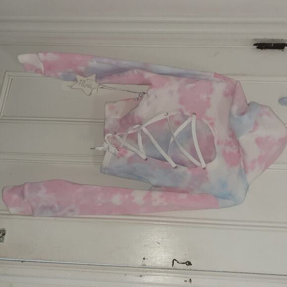 Pink / Blue Tie Dye Lace Up Back Hooded Cropped Sweater - Picture 6 of 6